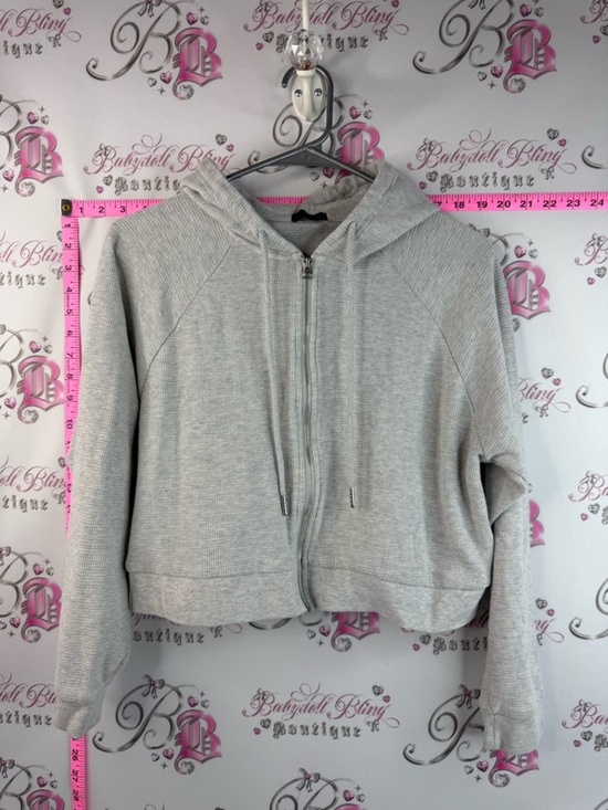 Dynamite Tops - Dynamite Cropped Zip up Hoodie Light Gray with drawstring casual look